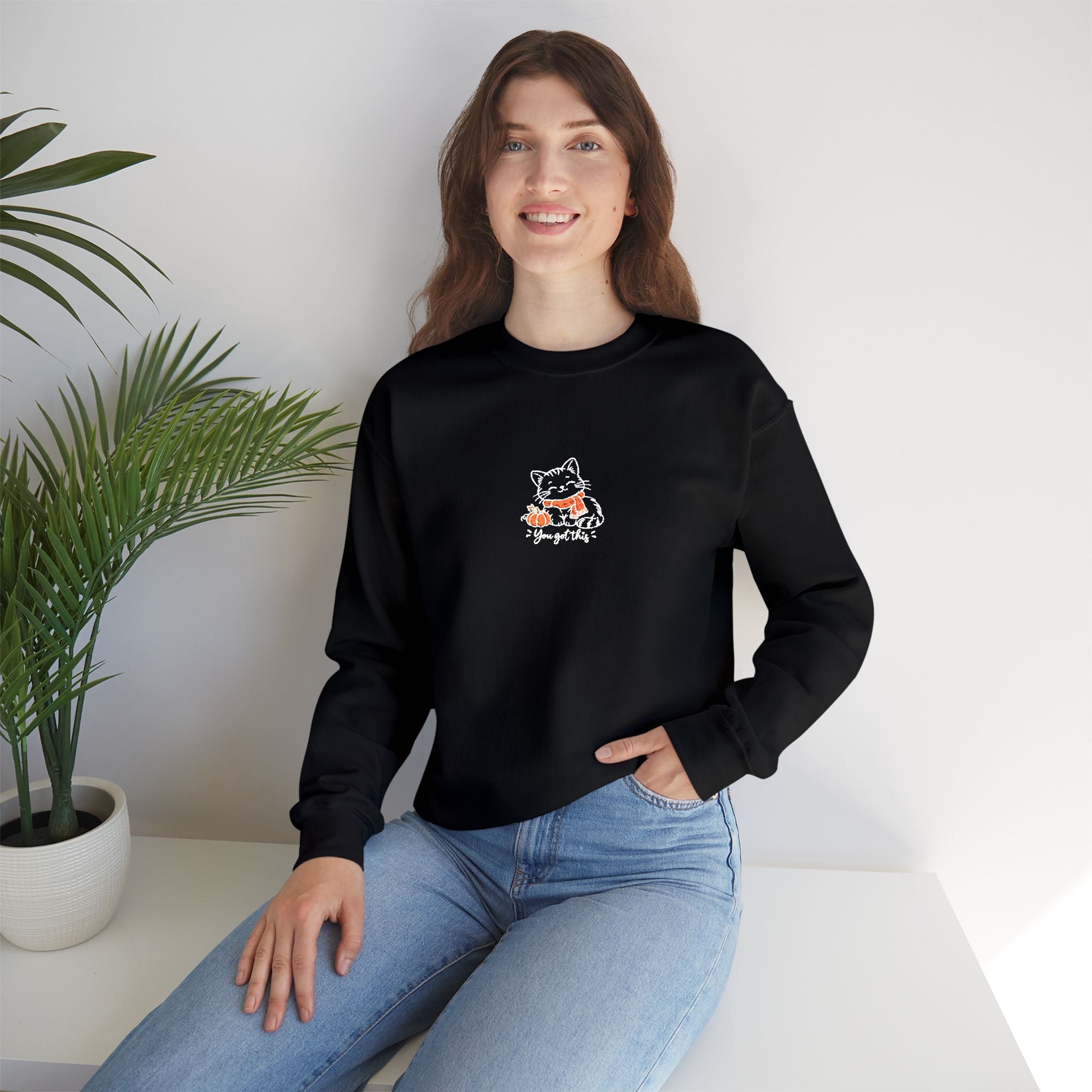Cat Autumn Crewneck Sweatshirt — Cute Kawaii Cat Holding Pumpkin Graphic