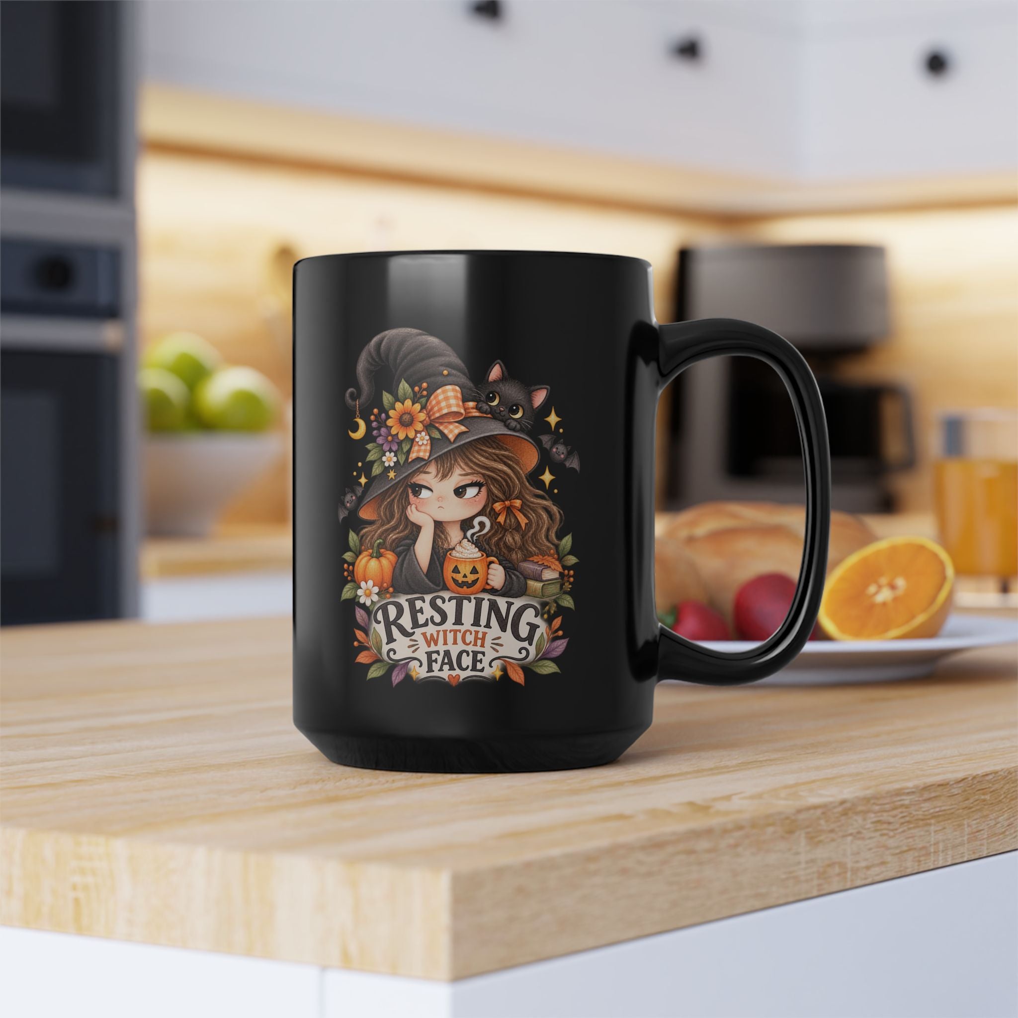 Resting Witch Face & Ghost Black Mug — 15oz Halloween Coffee Cup, Perfect Holiday Gift