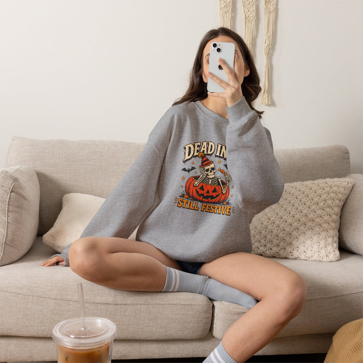 Halloween Sweatshirt "Dead Inside Still Festive" — Skeleton Pumpkin Crewneck