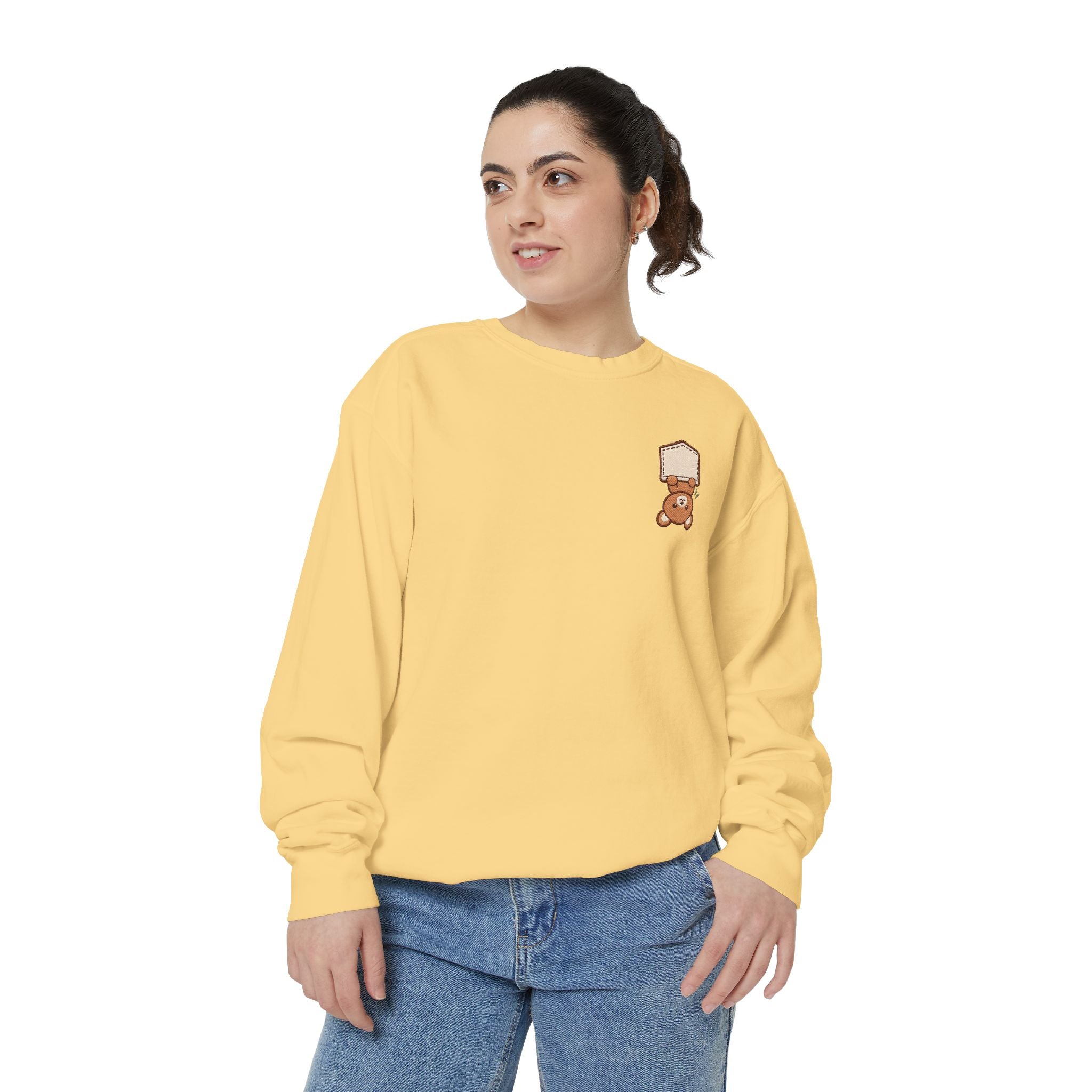 Cute Toast Bear Sweatshirt — Tiny Chest Patch Graphic Crewneck