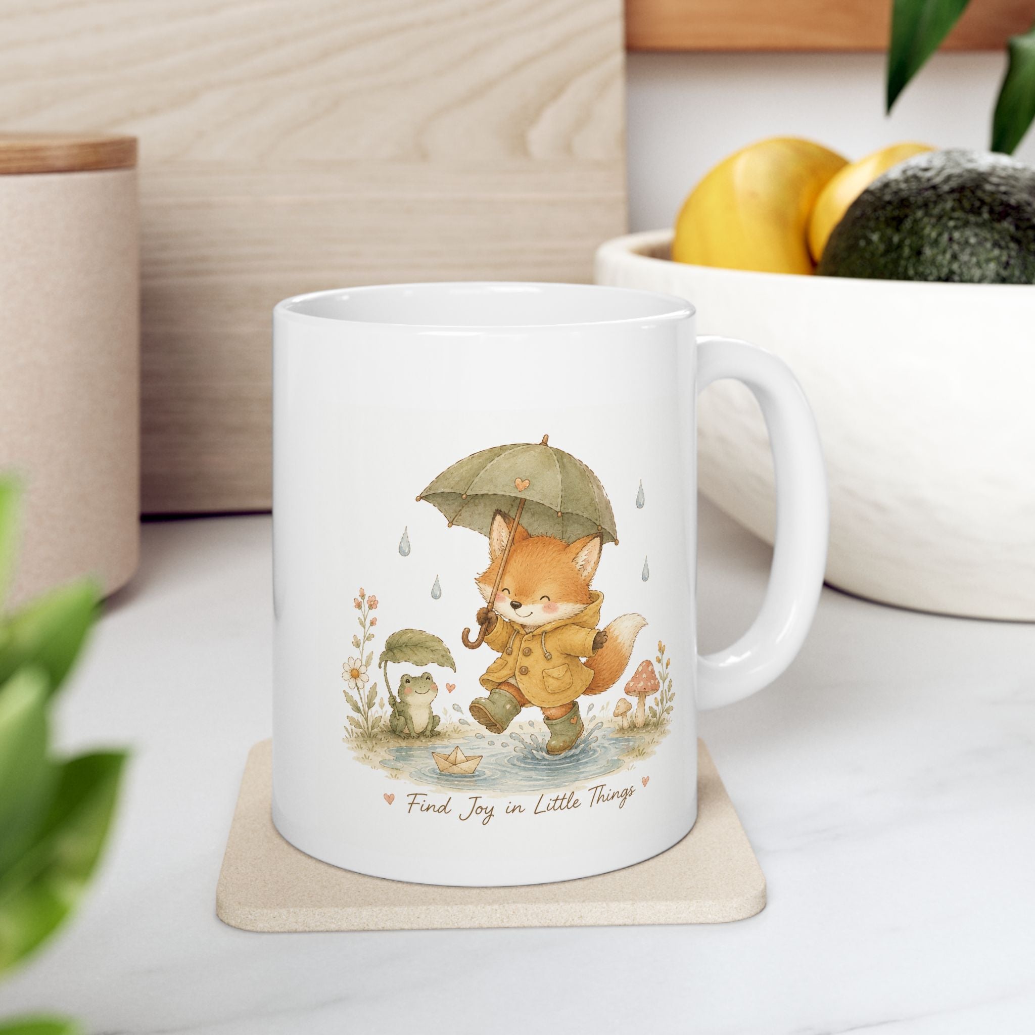 Autumn Woodland Mug — Cute Mushroom & Fox Ceramic Coffee Cup (11oz)
