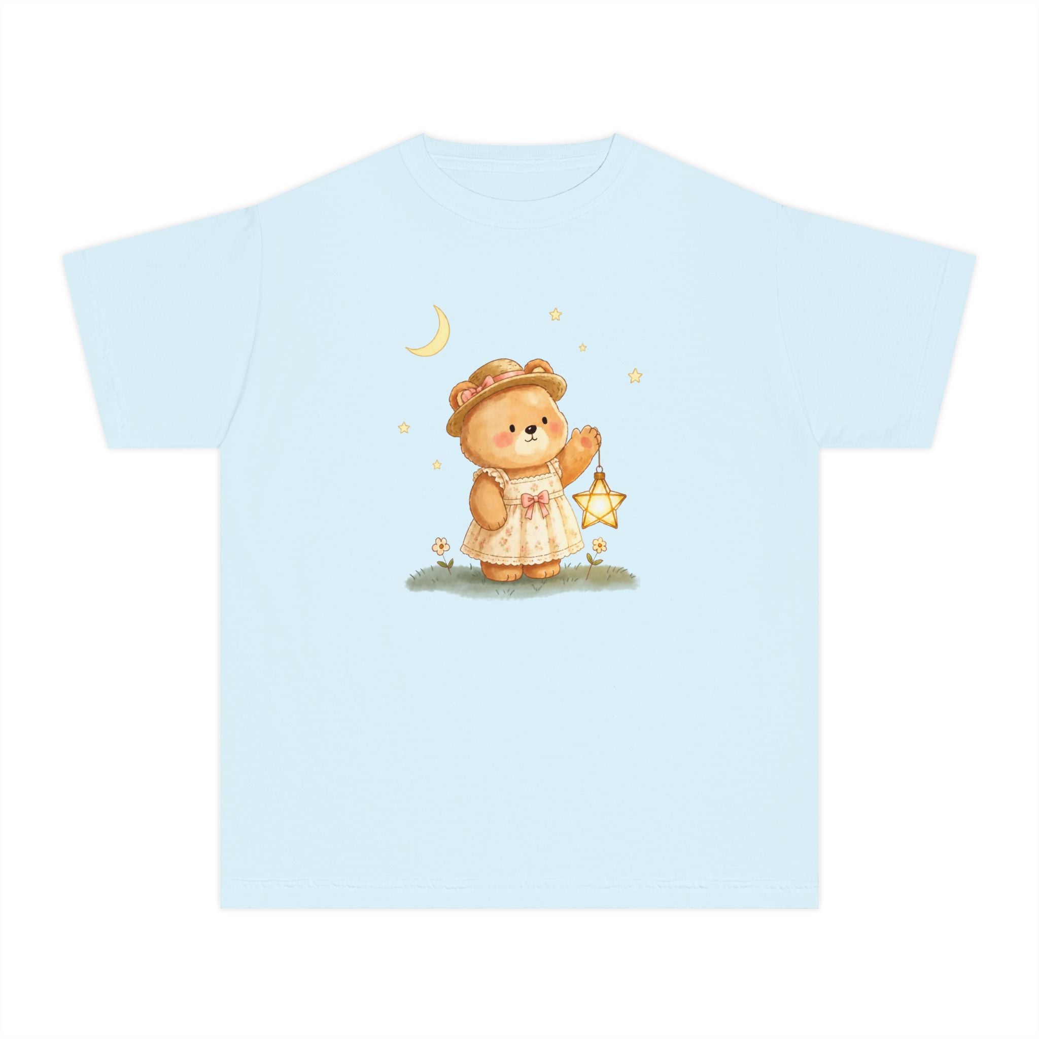 Cute Bear Lantern Youth Tee — Nighttime Starry Bear Graphic Tee for Kids