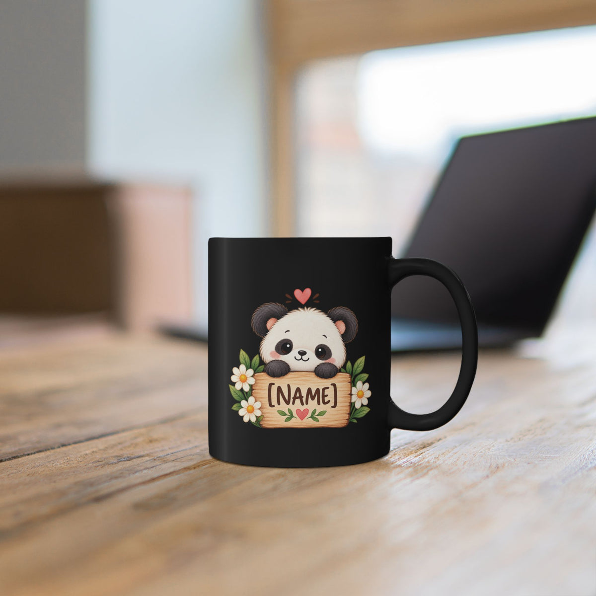 Cute Panda Name Personalized Mug — Customizable Black Ceramic Coffee Cup (11oz)