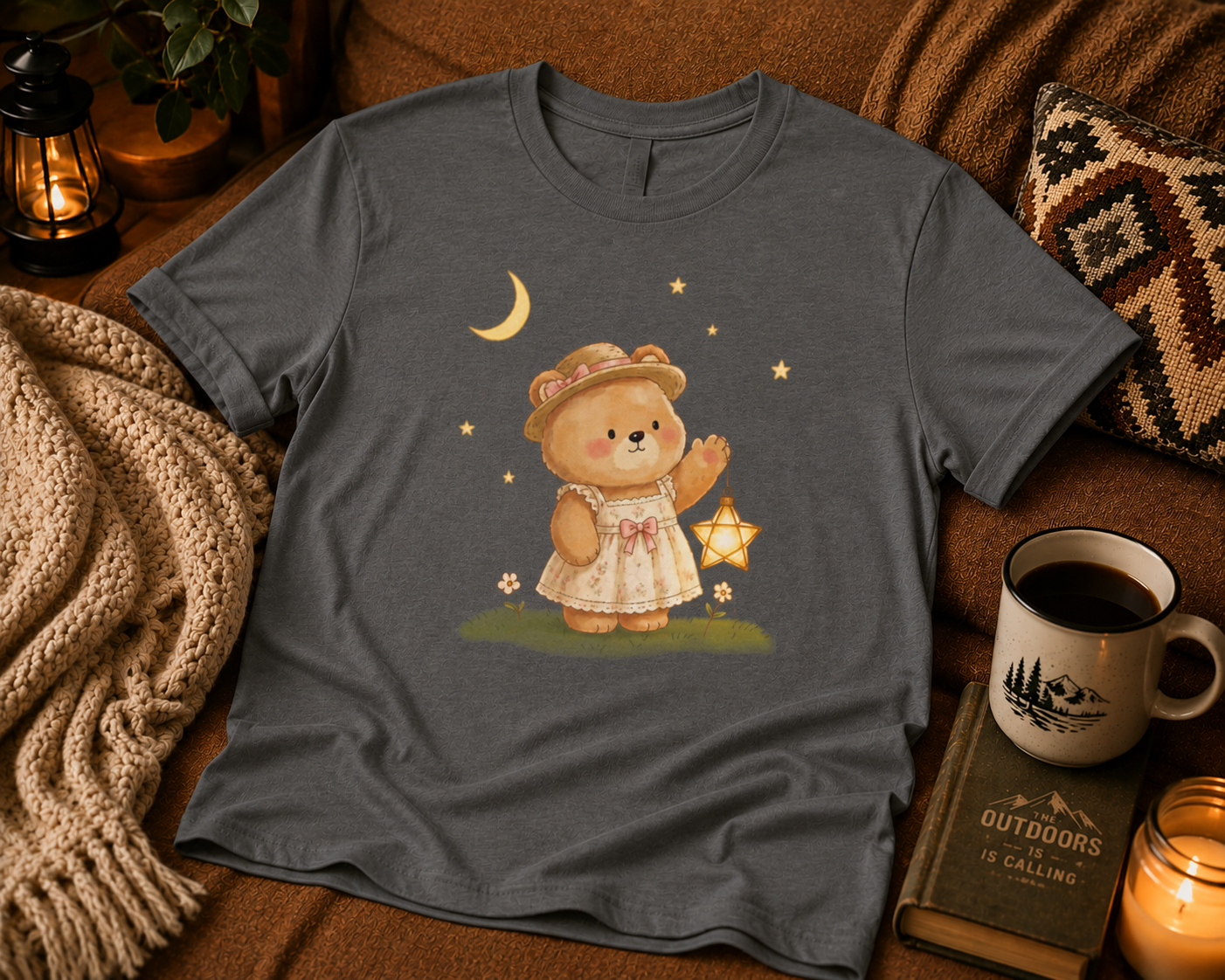 Cute Bear Lantern Youth Tee — Nighttime Starry Bear Graphic Tee for Kids