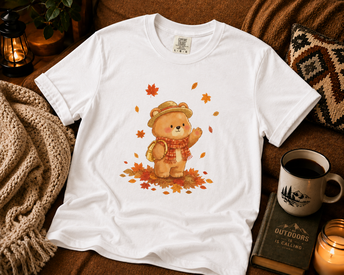 Autumn Teddy Bear T-Shirt — Cute Fall Leaves Graphic Tee