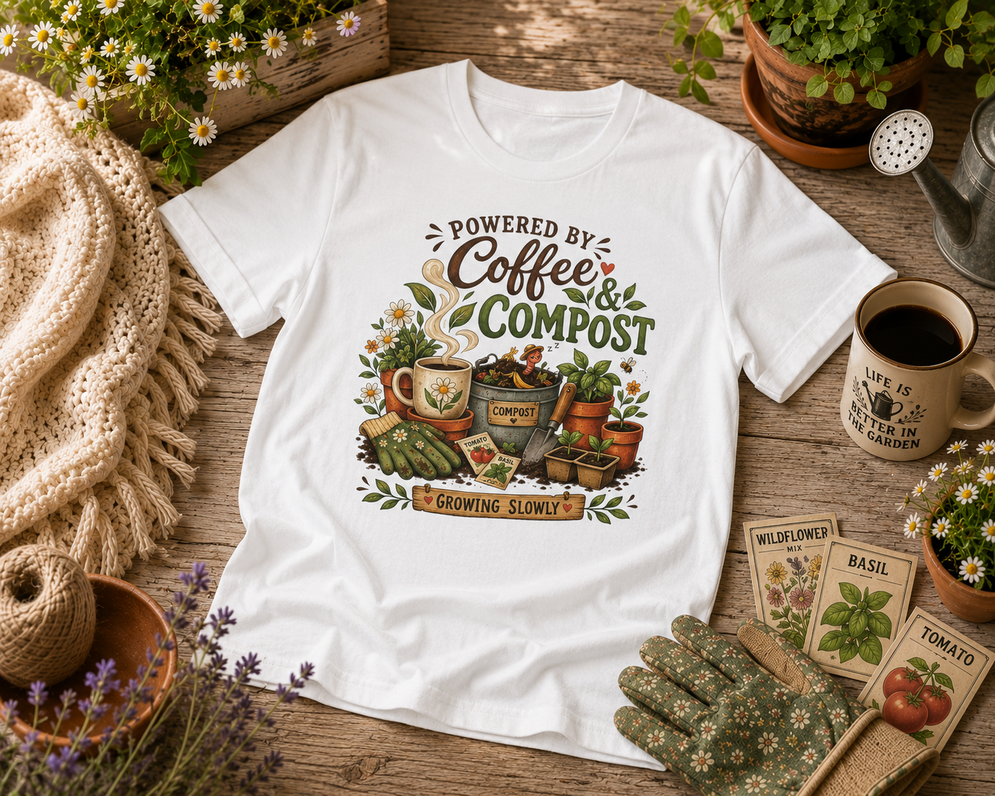 Powered by Coffee & Compost T-Shirt — Gardening Lover Tee