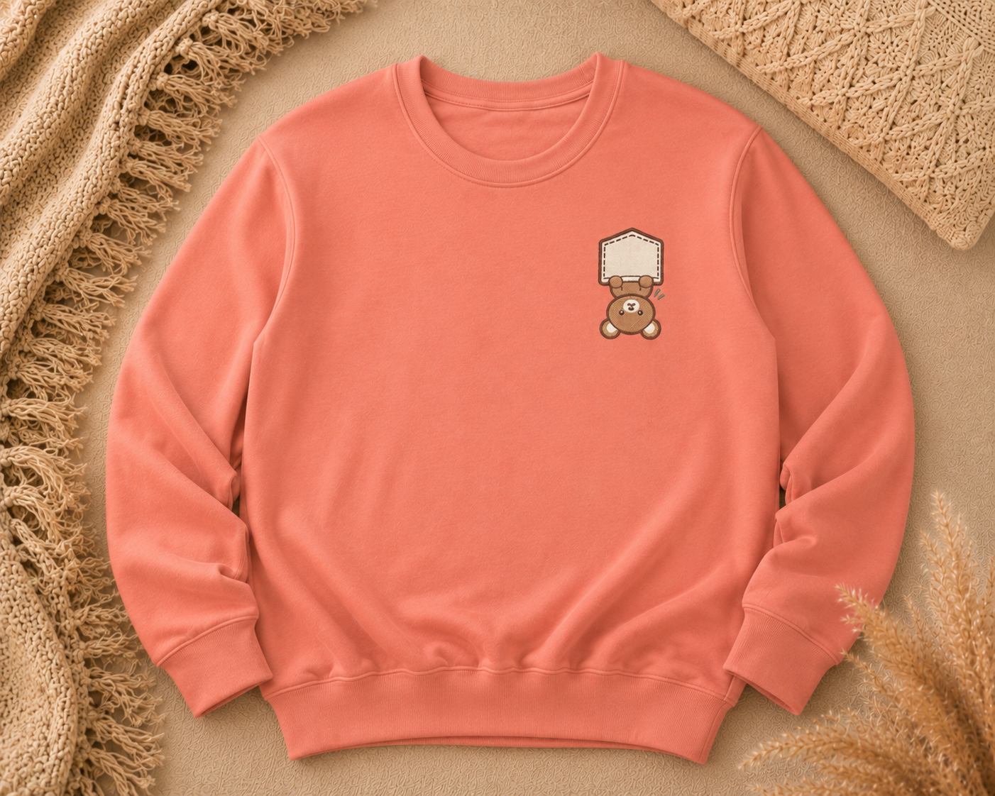 Cute Toast Bear Sweatshirt — Tiny Chest Patch Graphic Crewneck