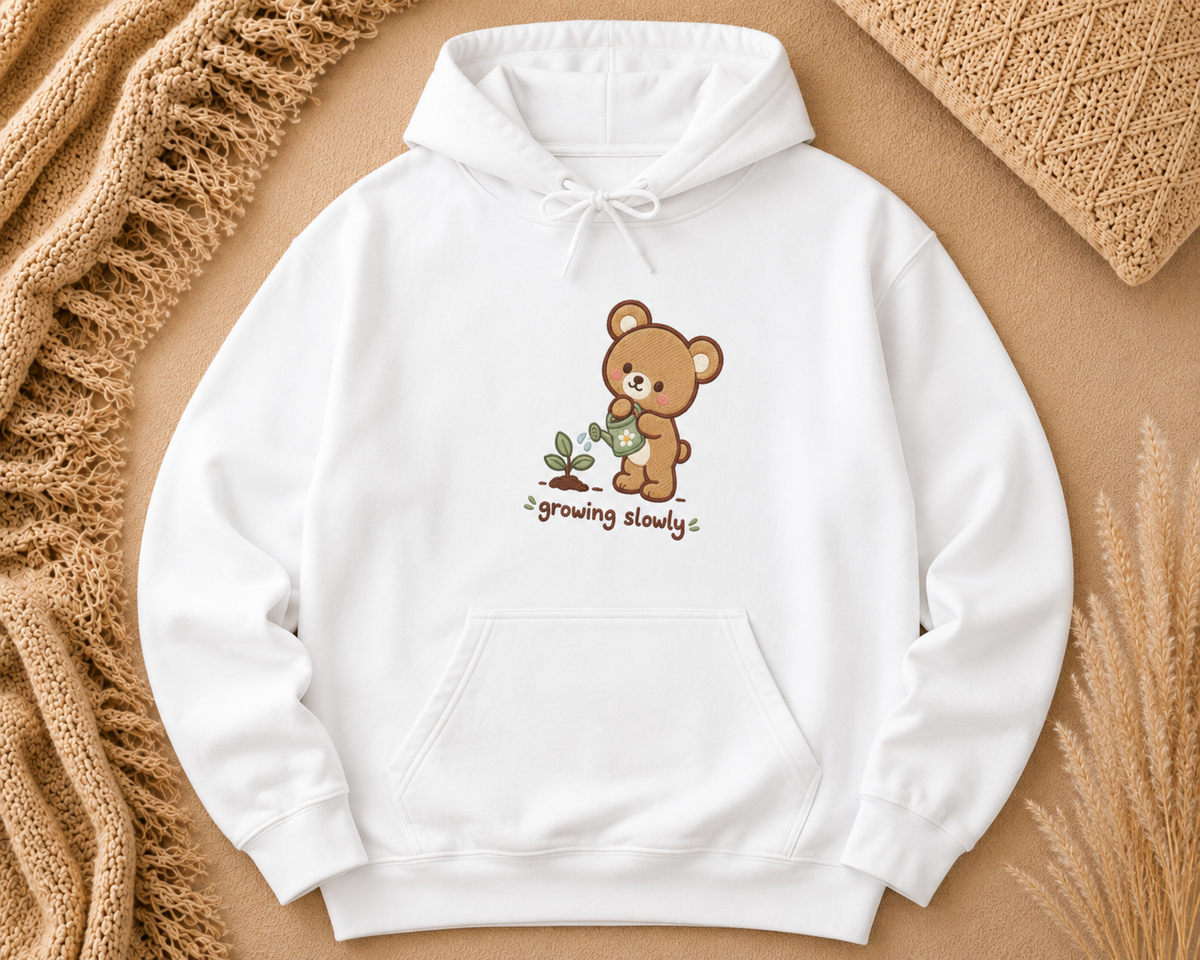 Cute Teddy Bear Hoodie — 'Growing Slowly' Minimal Graphic Sweatshirt