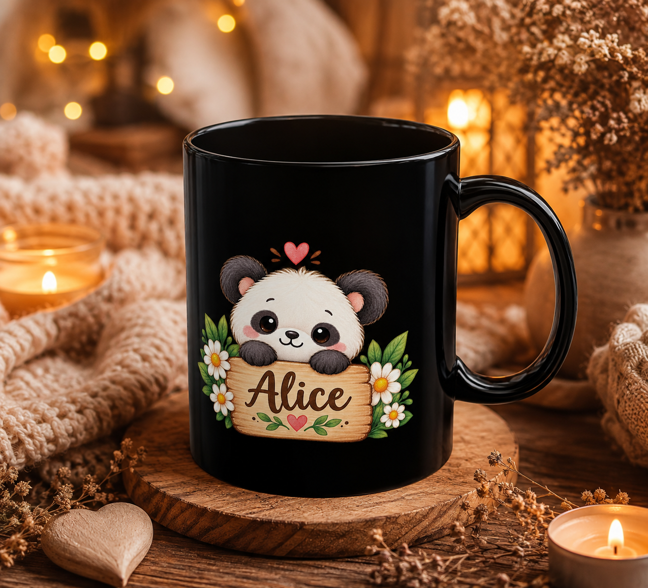 Cute Panda Name Personalized Mug — Customizable Black Ceramic Coffee Cup (11oz)