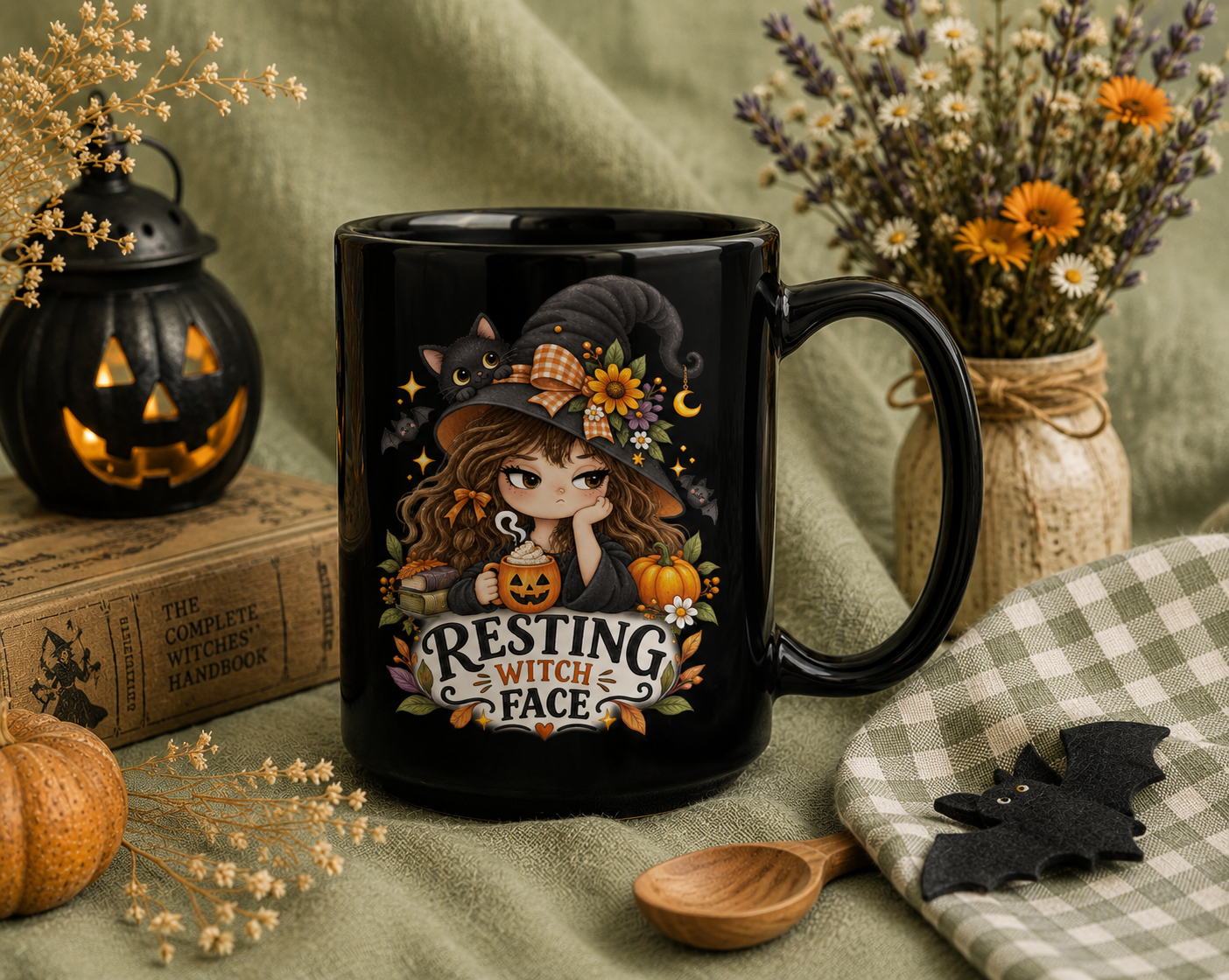 Resting Witch Face & Ghost Black Mug — 15oz Halloween Coffee Cup, Perfect Holiday Gift