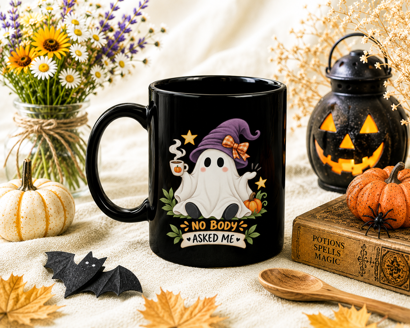 Halloween Ghost Coffee Mug — "Nobody Asked Me" Cute Spooky Ceramic Mug (11oz)