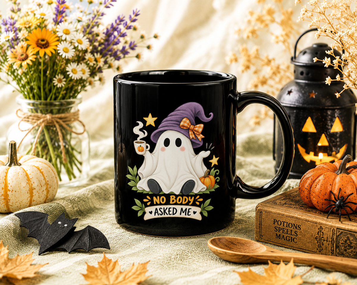 Halloween Ghost Coffee Mug — "Nobody Asked Me" Cute Spooky Ceramic Mug (11oz)