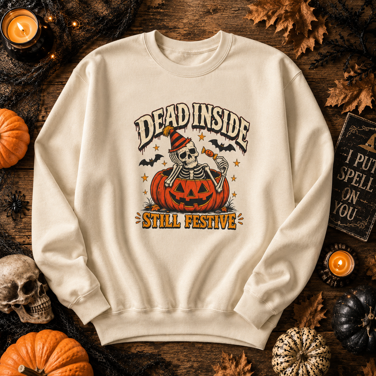 Halloween Sweatshirt "Dead Inside Still Festive" — Skeleton Pumpkin Crewneck