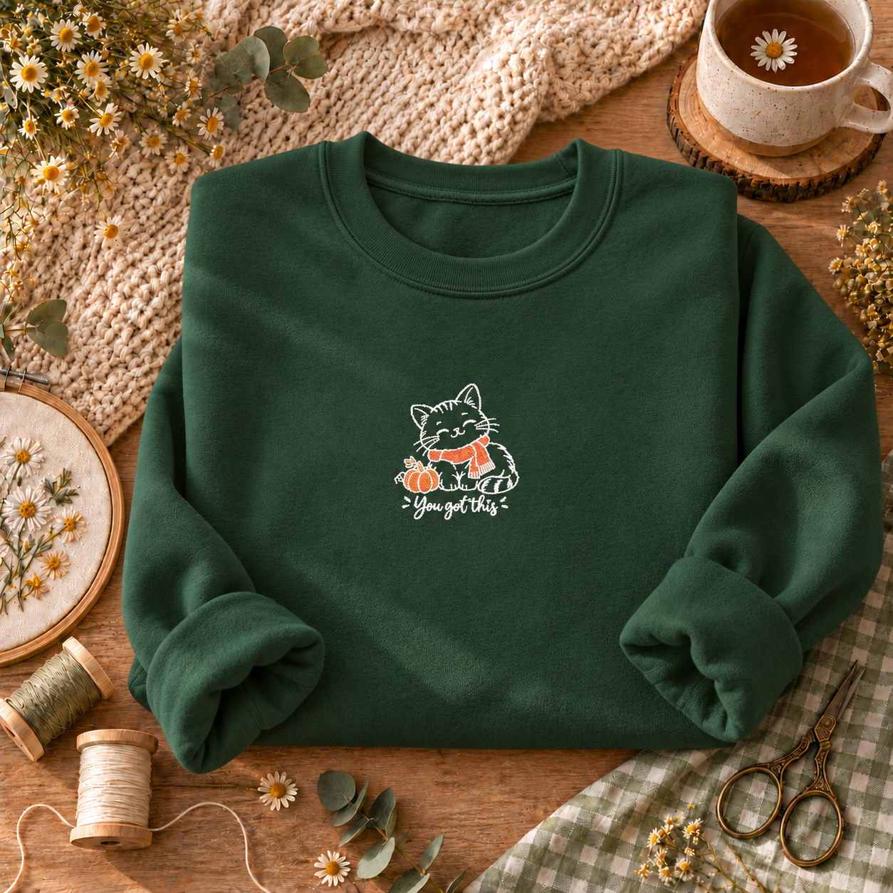 Cat Autumn Crewneck Sweatshirt — Cute Kawaii Cat Holding Pumpkin Graphic