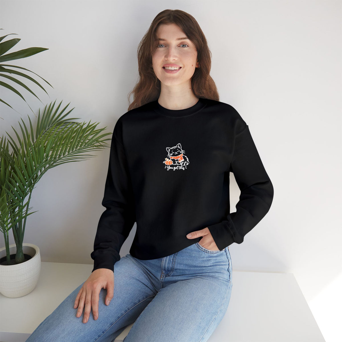 Cat Autumn Crewneck Sweatshirt — Cute Kawaii Cat Holding Pumpkin Graphic